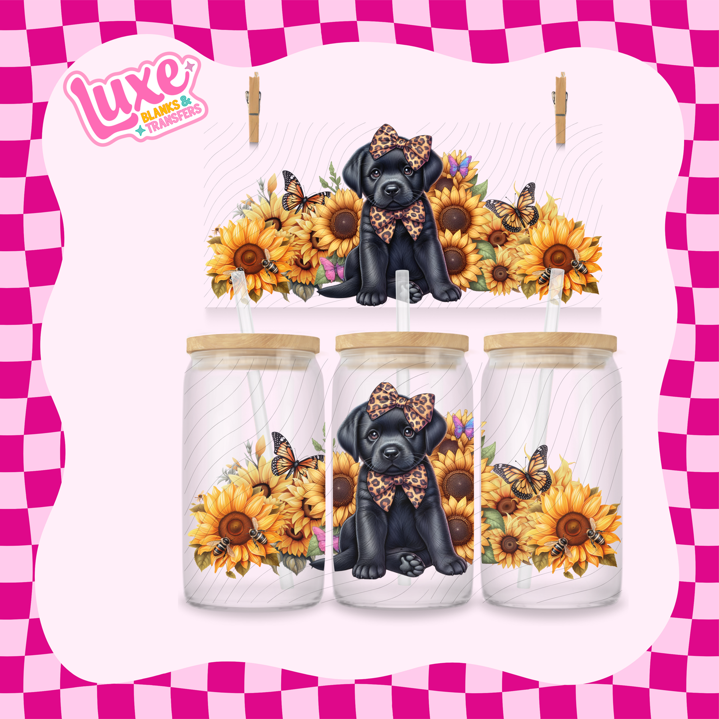 Lab Puppy Sunflowers Bows | 16oz UV DTF Wrap | #1625
