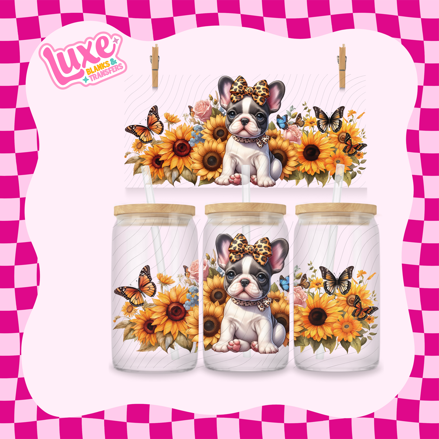 Frenchie Puppy Sunflowers | 16oz UV DTF Wrap | #1626