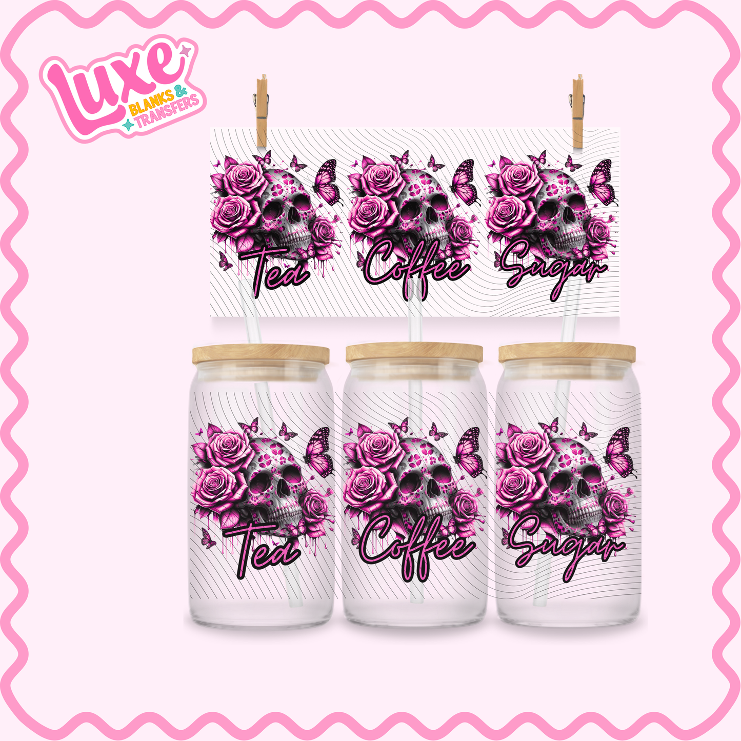 16oz UV DTF Wrap | Tea/Coffee/Sugar Pink Skull | #2900