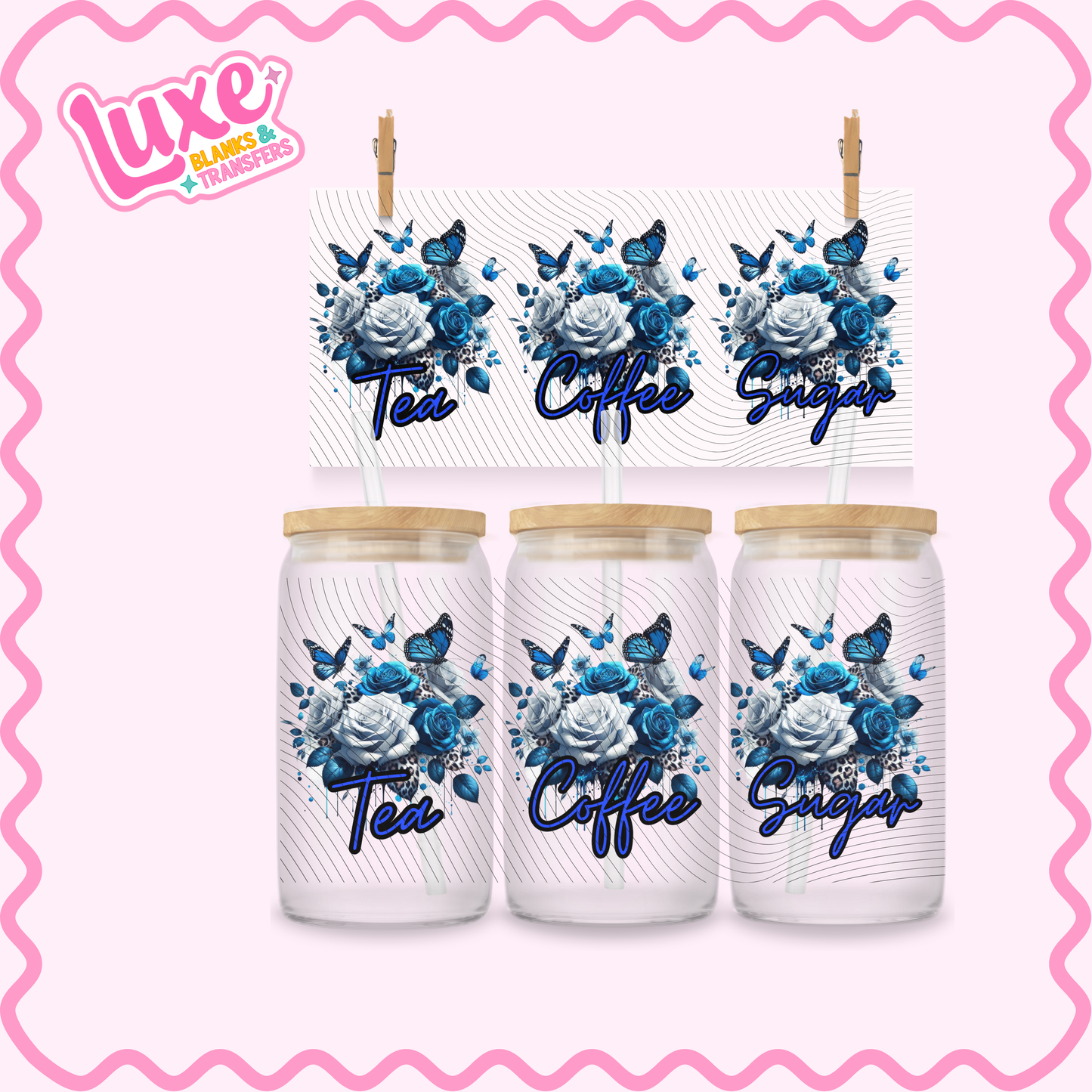 16oz UV DTF Wrap | Tea/Coffee/Sugar Blue White Roses | #2902