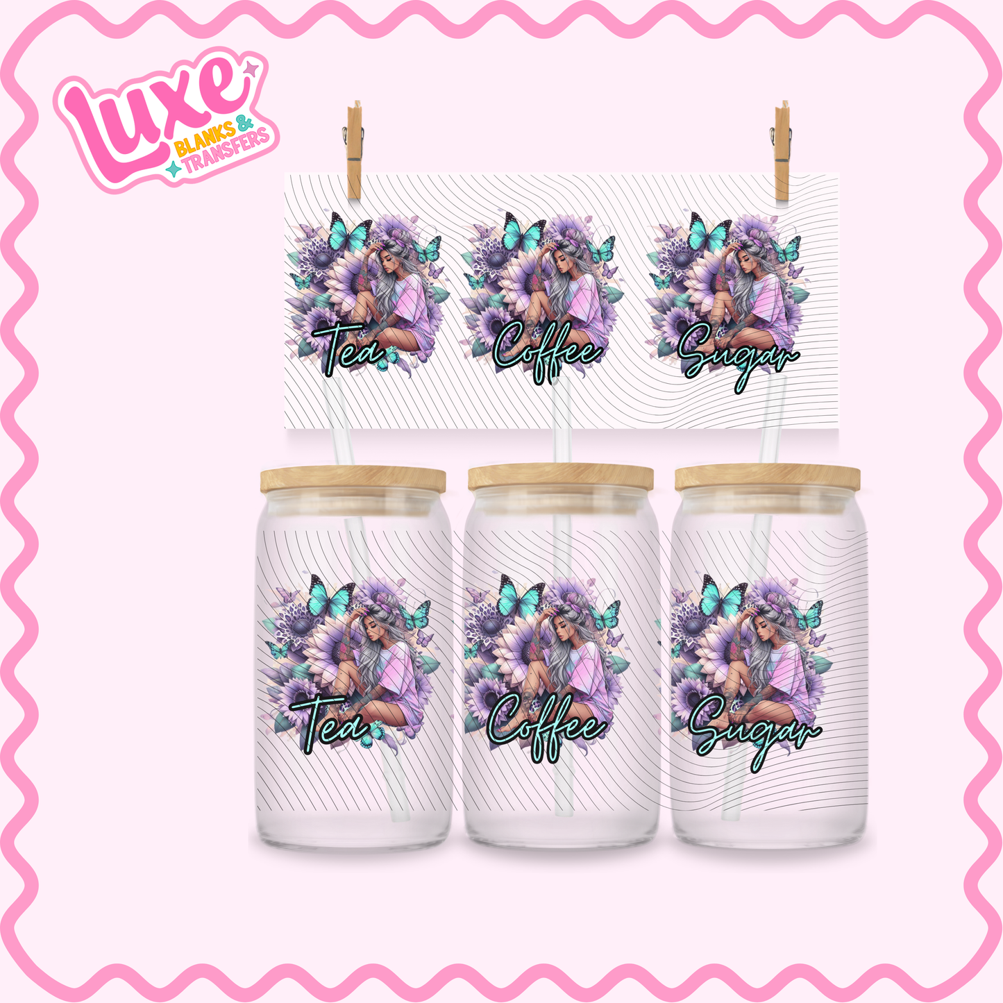 16oz UV DTF Wrap | Tea/Coffee/Sugar Flowers Girl | #2903