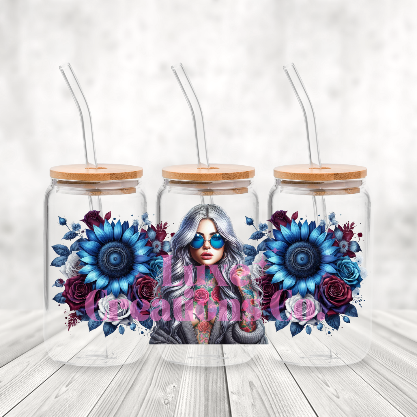 Blue Flowers & Sunglasses Girl UV DTF Wrap (#153)