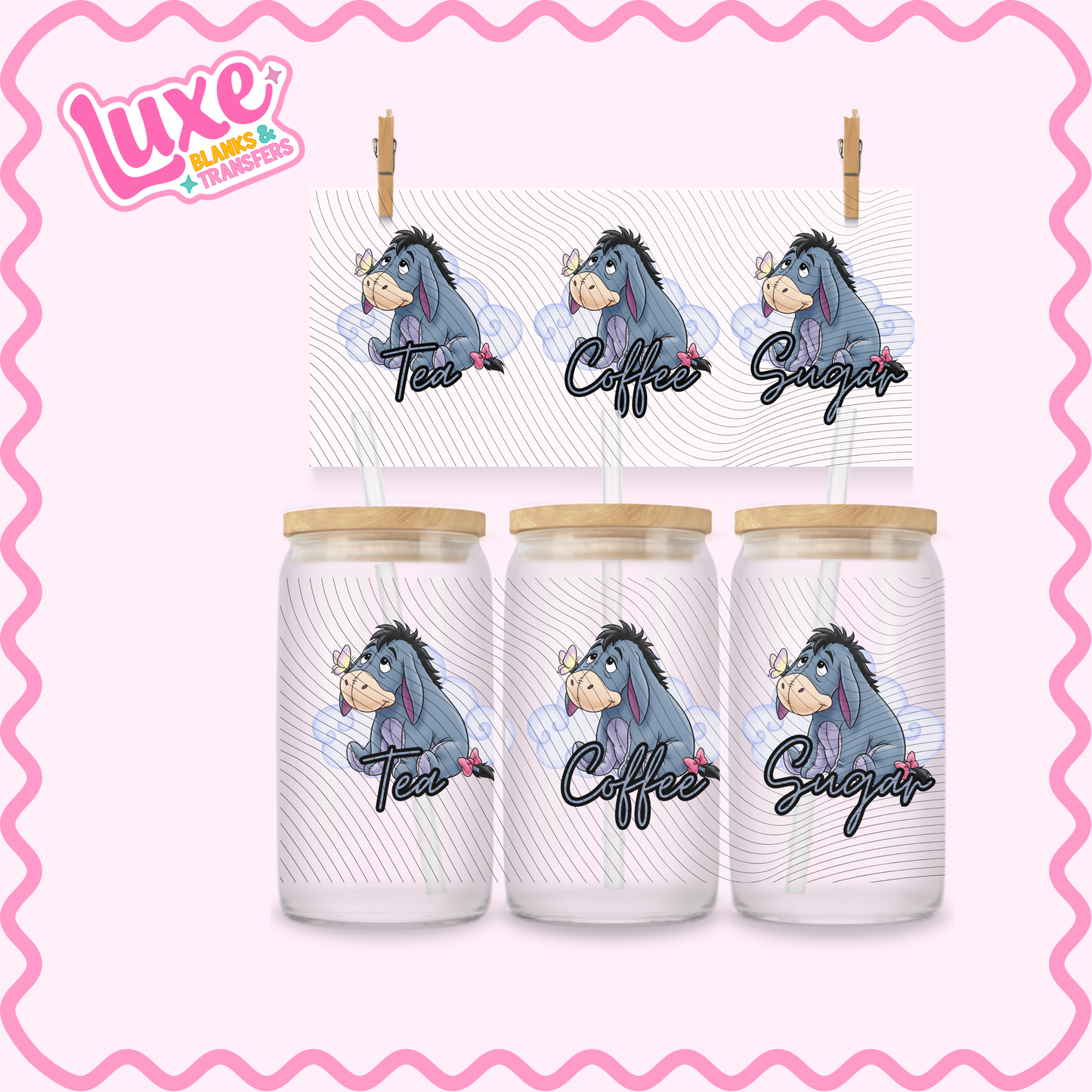 16oz UV DTF Wrap | Tea/Coffee/Sugar Donkey Character | #2909