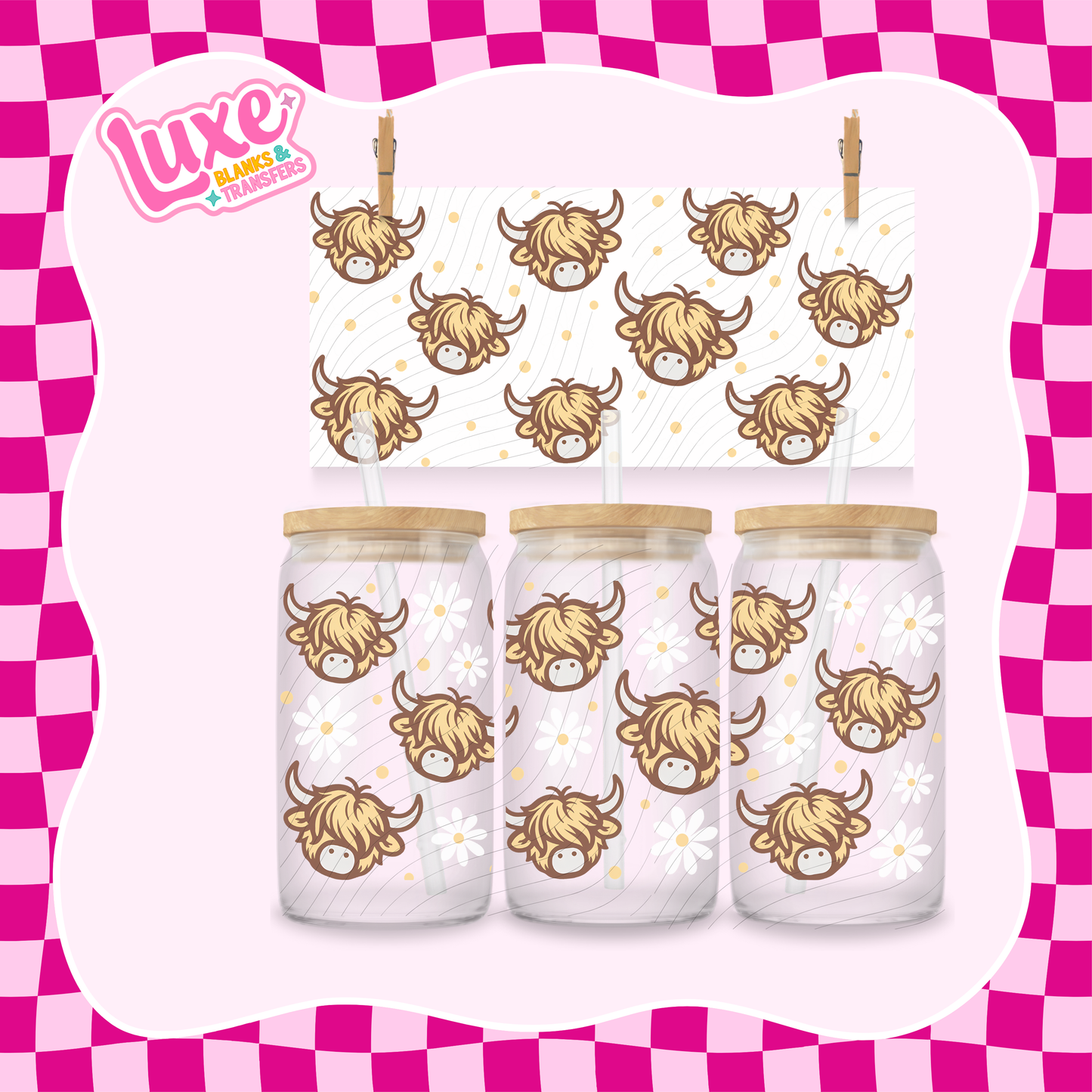 Cartoon Highland Pattern | 16oz UV DTF Wrap | #1349