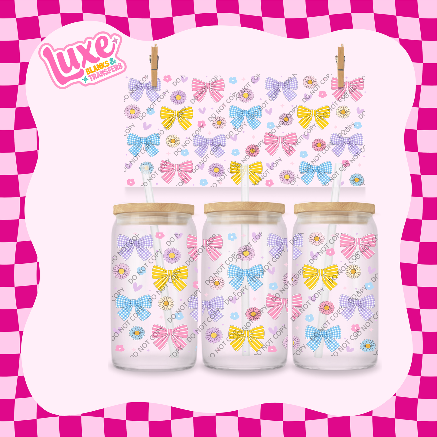 16oz UV DTF Wrap | Gingham Bows Colourful | #1849