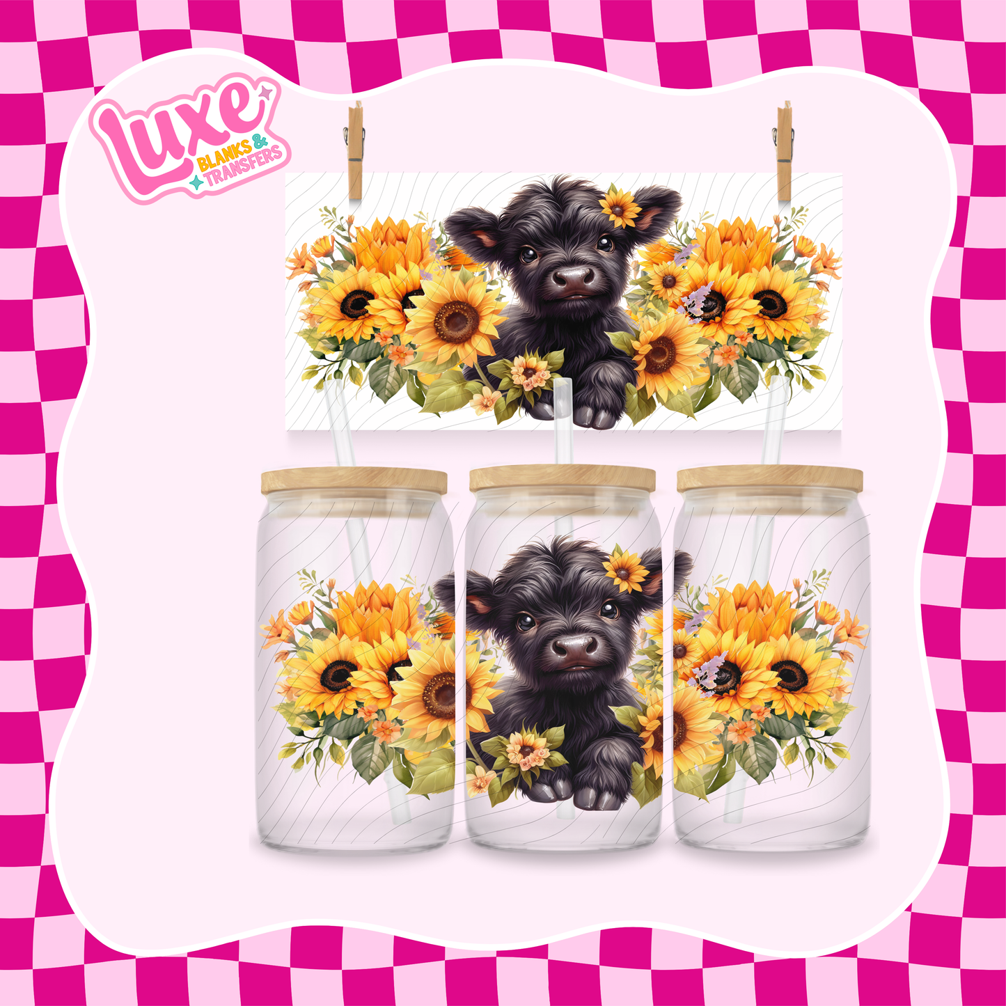 Black Highland & Sunflowers | 16oz UV DTF Wrap | #1363