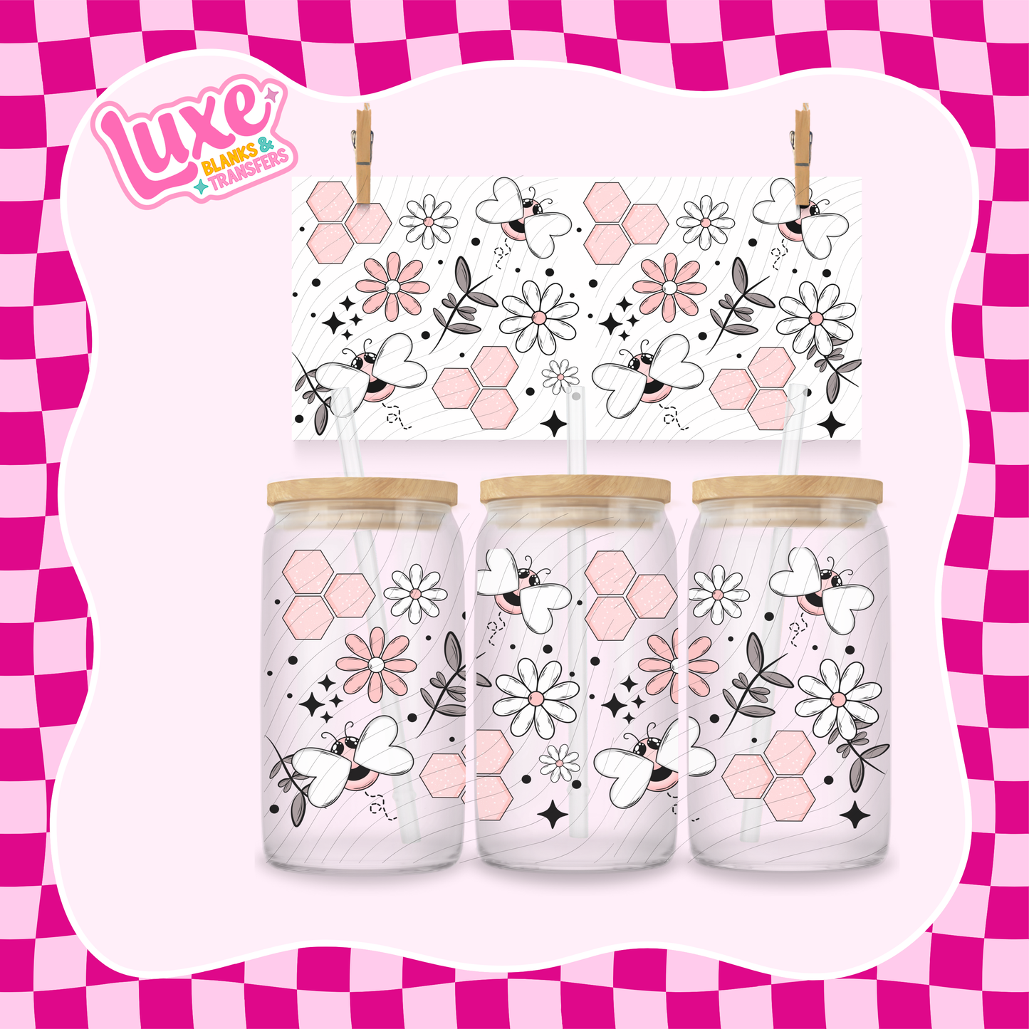 Pink Bees & Honey | 16oz UV DTF Wrap | #1369