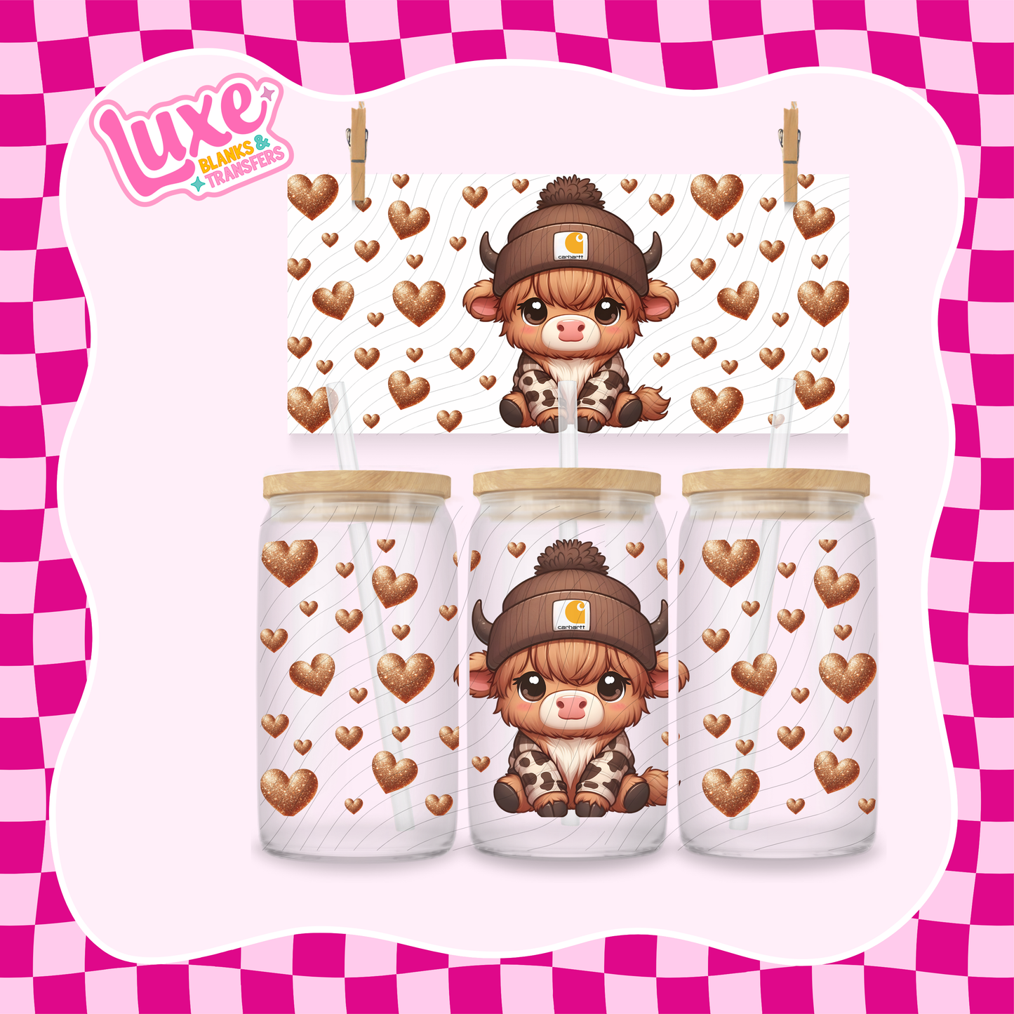 Highland Beanie Hearts | 16oz UV DTF Wrap | #1381