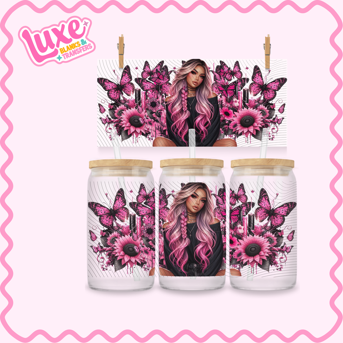 16oz UV DTF Wrap | Pink Flowers & Butterfly Girl | #2673