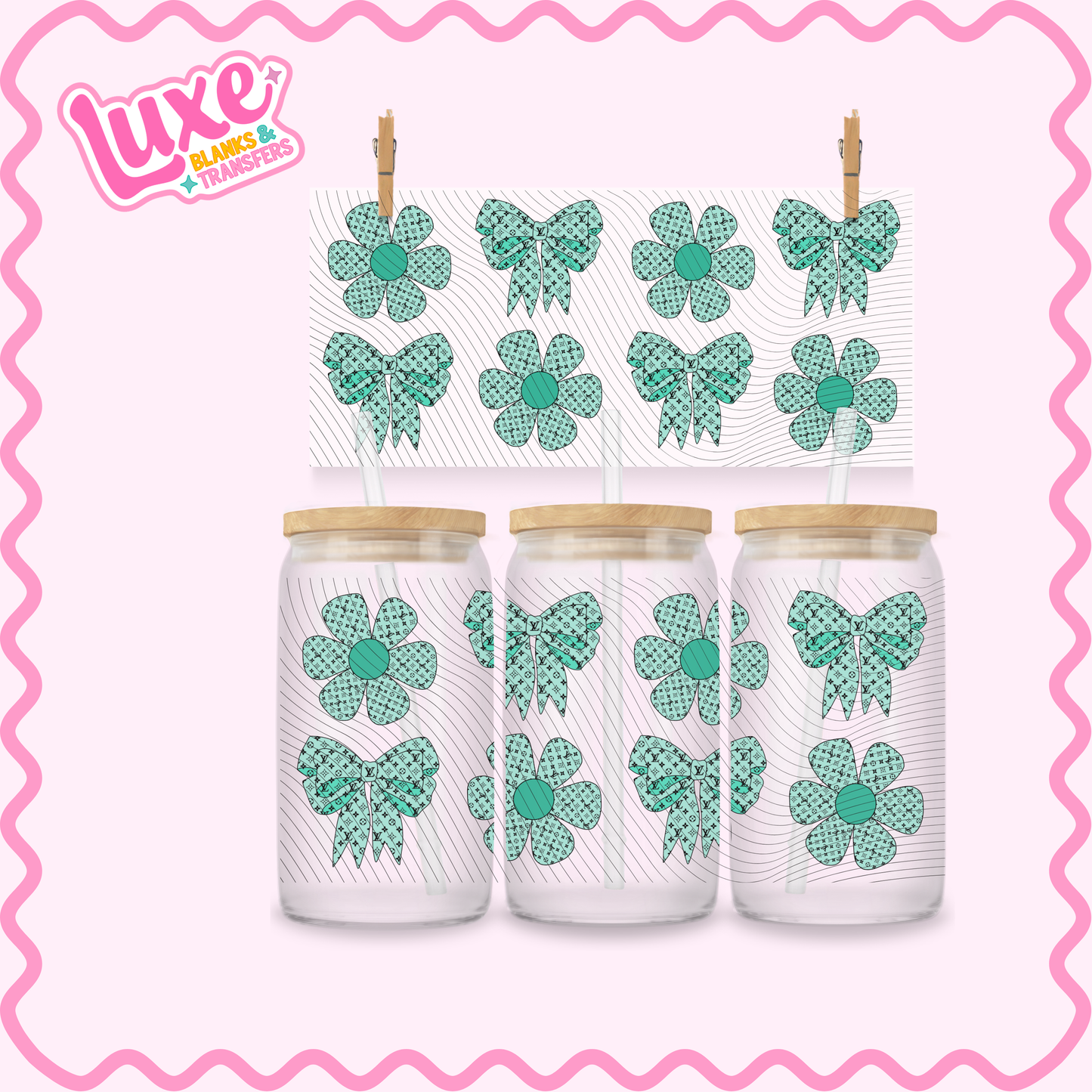 16oz UV DTF Wrap | Boujee Pattern Bow & Flower Teal | #3186