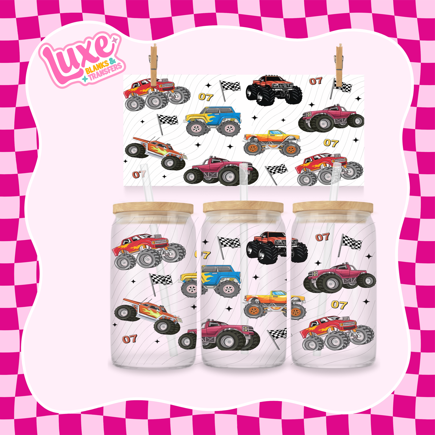 Monster Trucks & Flags | 16oz UV DTF Wrap | #1444