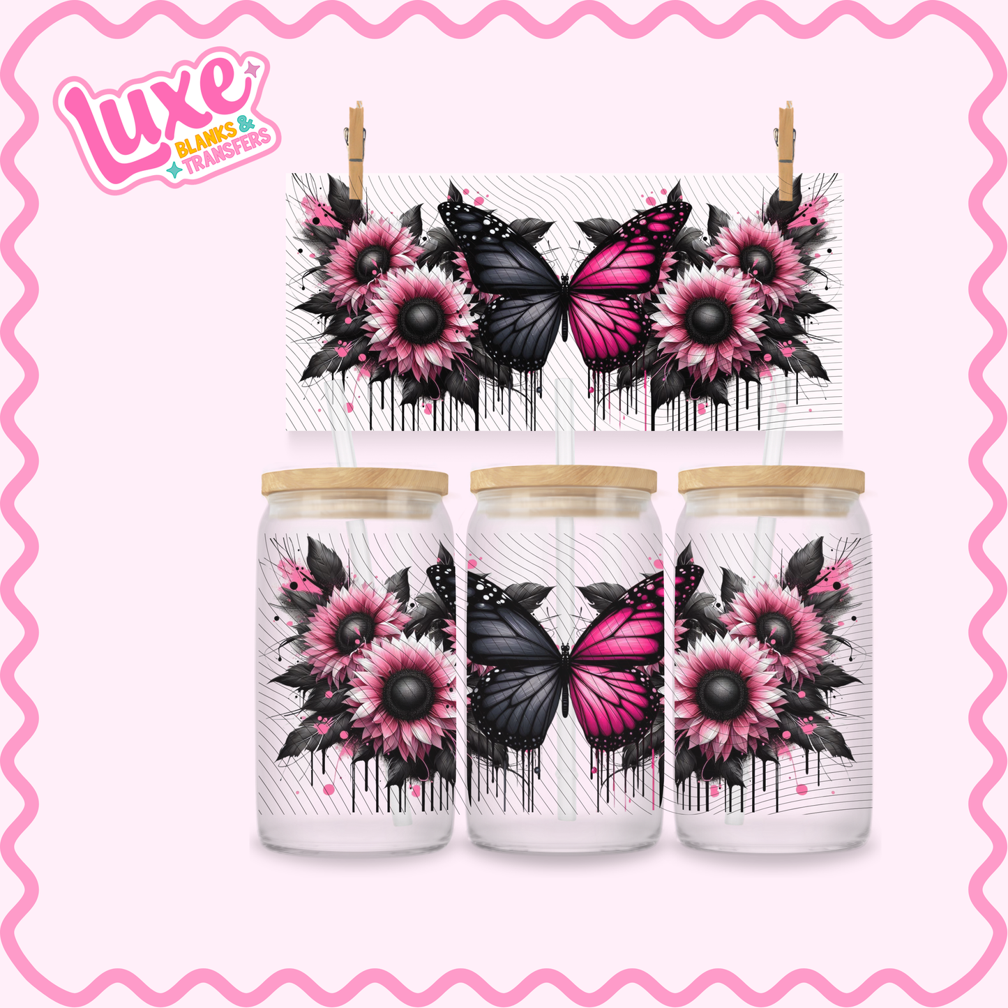 16oz UV DTF Wrap | Butterfly Black Pink | #3220