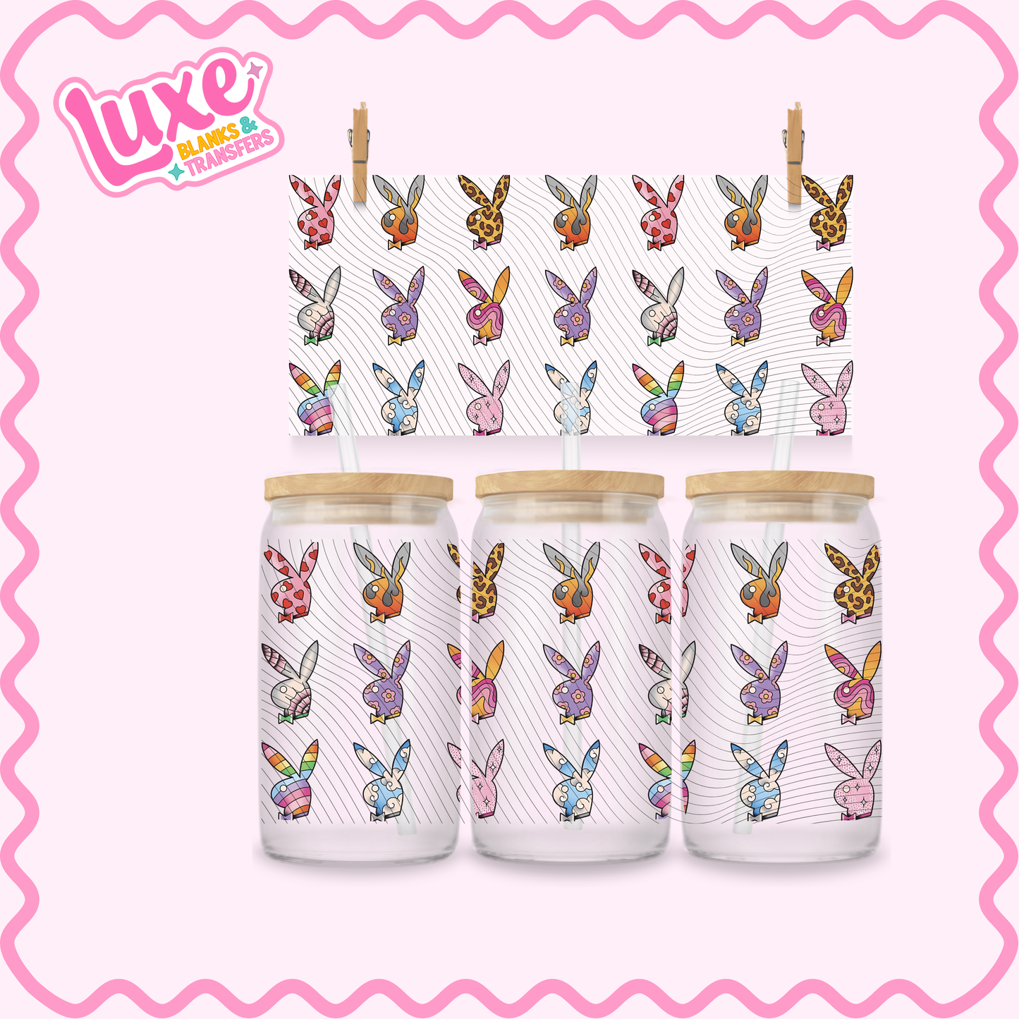 16oz UV DTF Wrap | Play Bunny Pattern | #3258