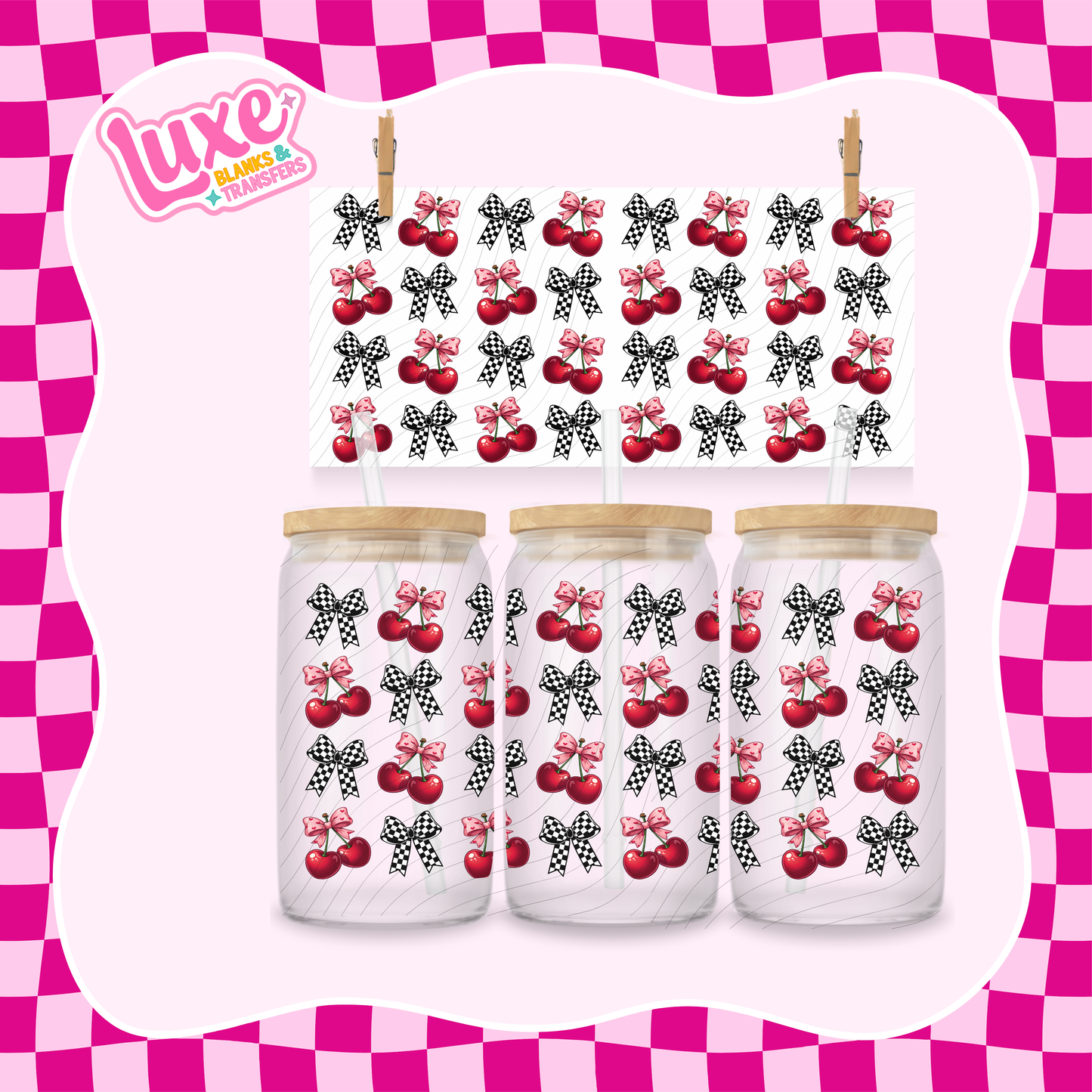 Checkered Bows Cherry 2 UV DTF Wrap (#1022)