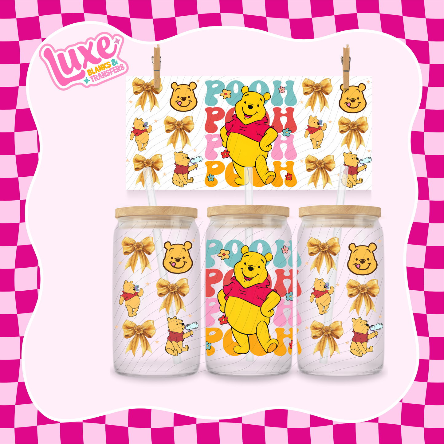 16oz UV DTF Wrap | Pooh Character Bows #1555 | READY TO SHIP