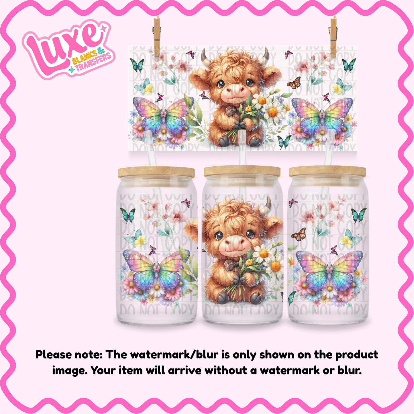 16oz UV DTF Wrap | Highland Cow Butterflies | #3794