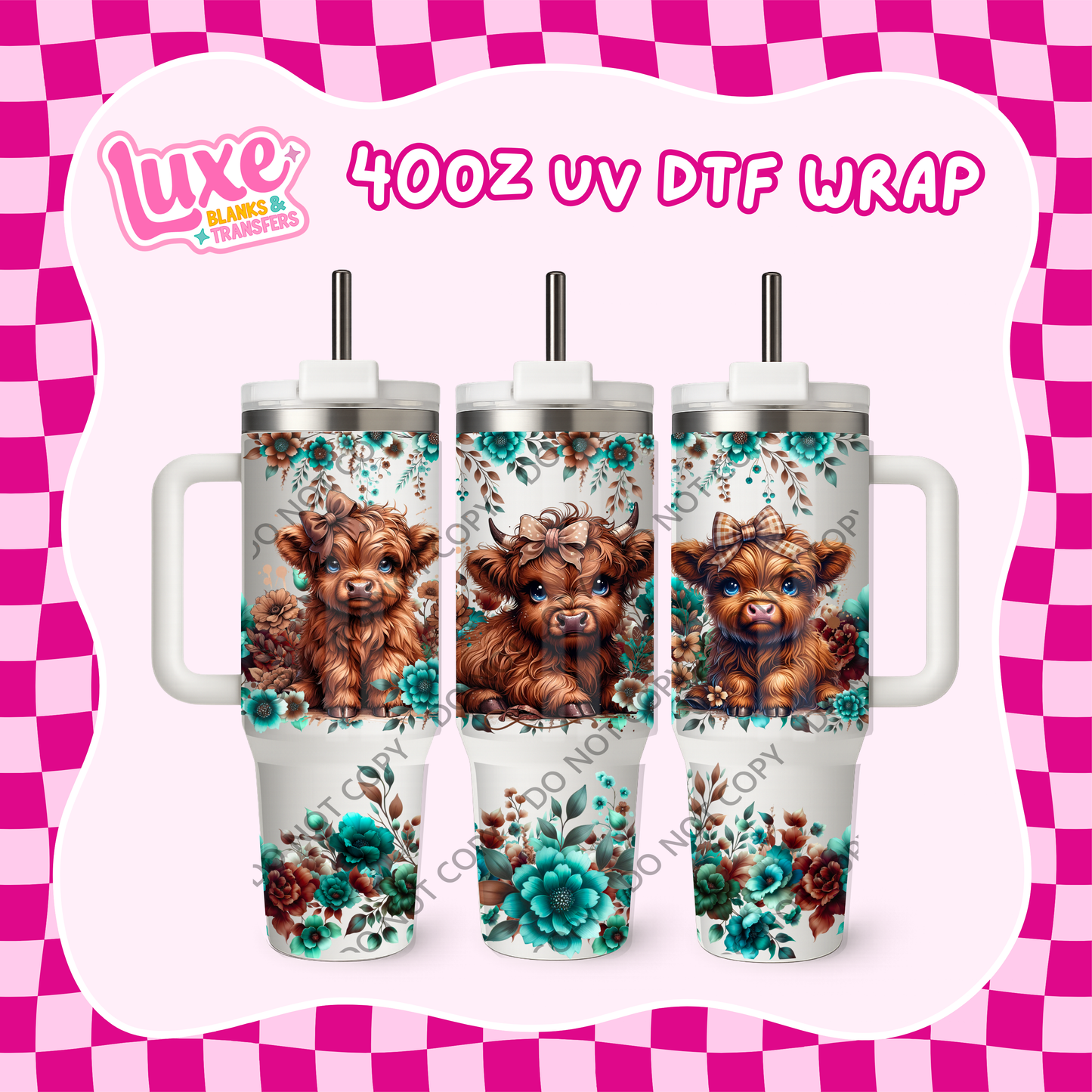 40oz UV DTF Wrap | Teal Cute Highland Cows | #B80