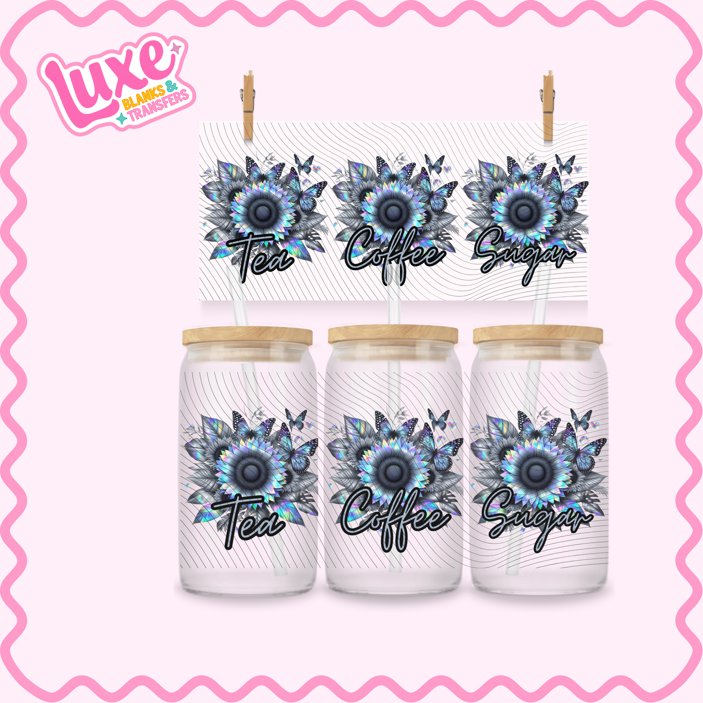 16oz UV DTF Wrap | Tea/Coffee/Sugar Holo Flowers | #2896