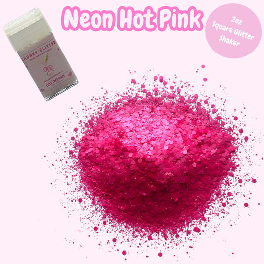 "Neon Hot Pink” Chunky Glitter (2oz Square Glitter Shaker)