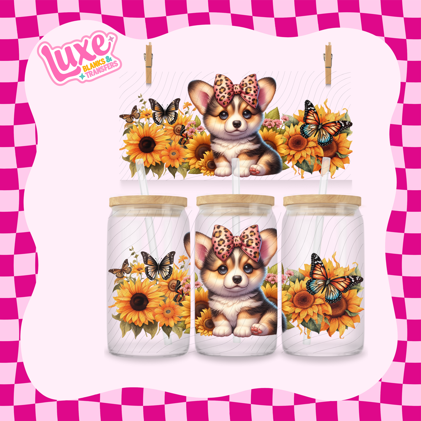 Corgi Puppy Sunflowers | 16oz UV DTF Wrap | #1627