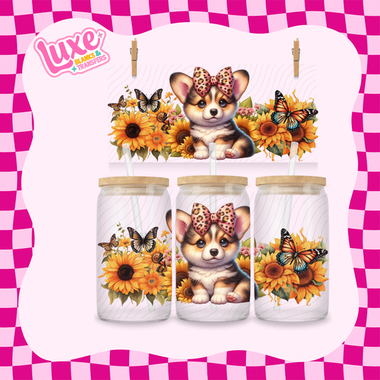 Corgi Puppy Sunflowers | 16oz UV DTF Wrap | #1627