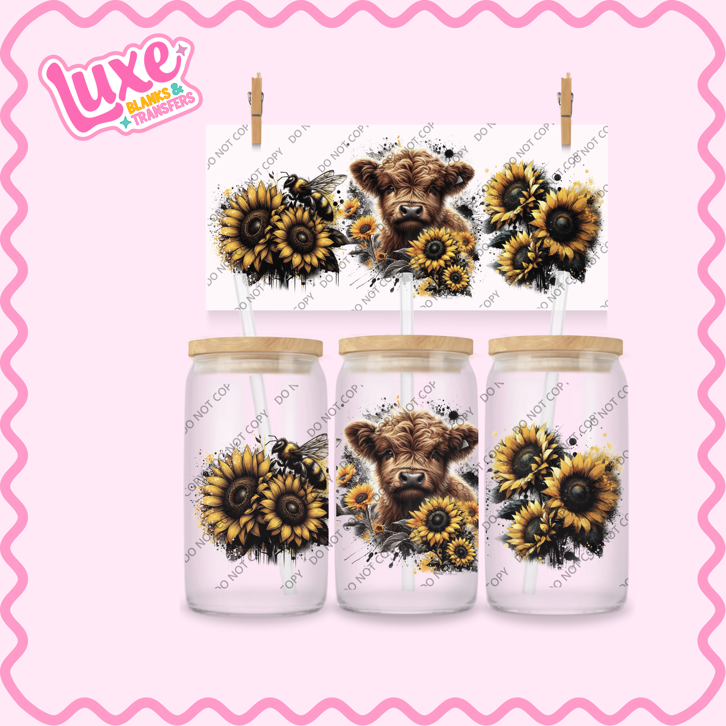 16oz UV DTF Wrap | Highland Cow Sunflowers | #2229