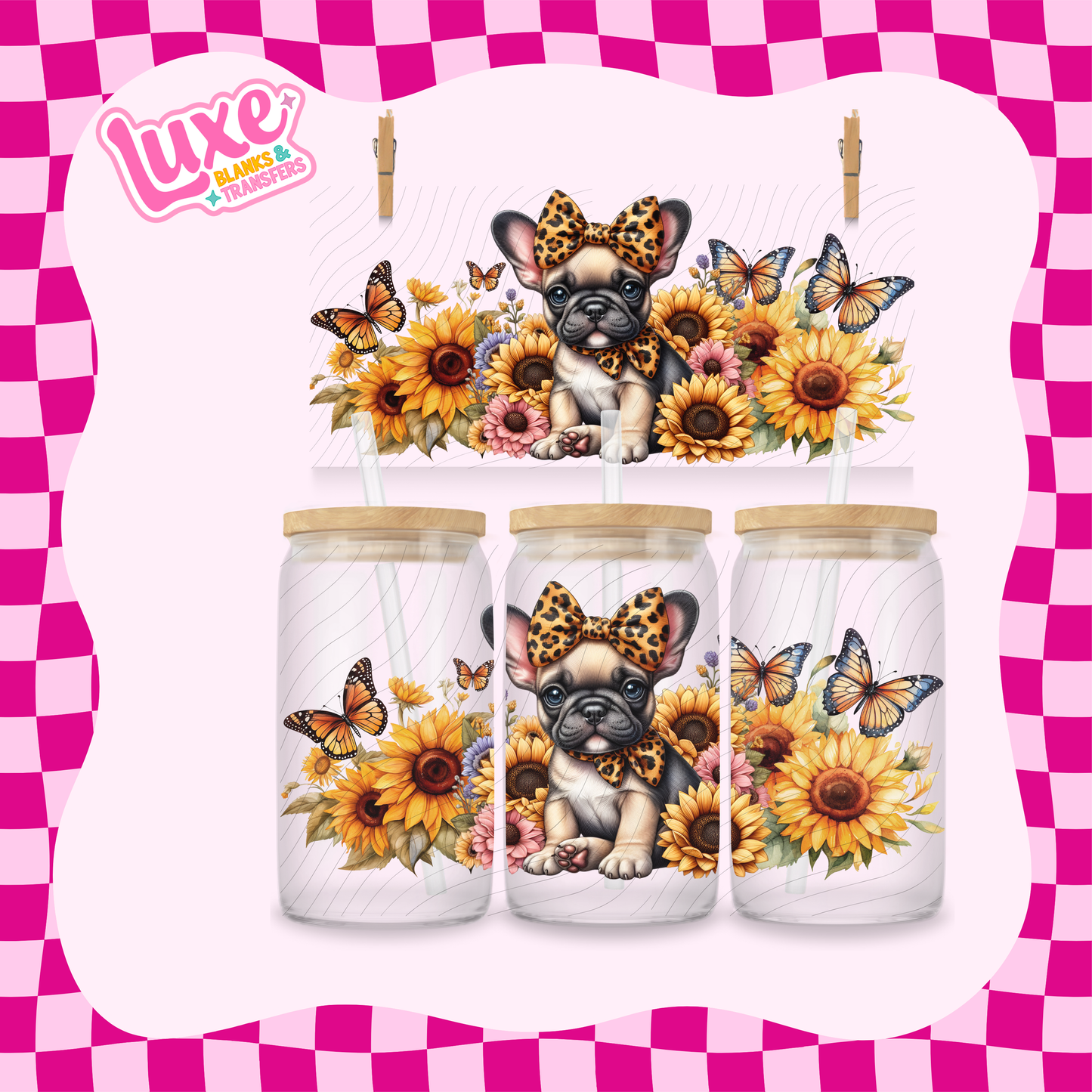 Frenchie Puppy Sunflowers 2 | 16oz UV DTF Wrap | #1628