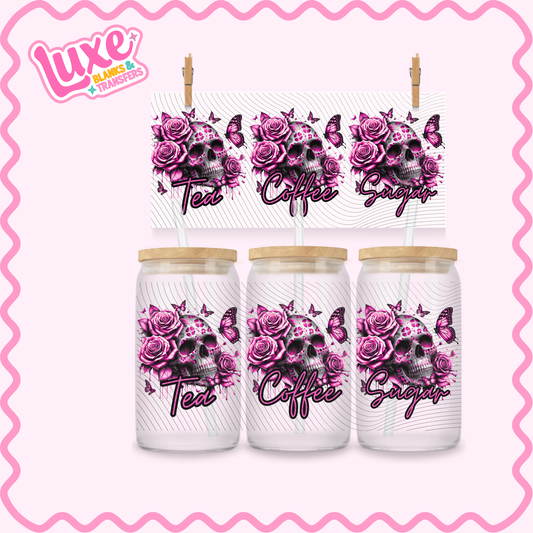 16oz UV DTF Wrap | Tea/Coffee/Sugar Pink Skull | #2900