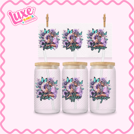 16oz UV DTF Wrap | Tea/Coffee/Sugar Flowers Girl | #2903