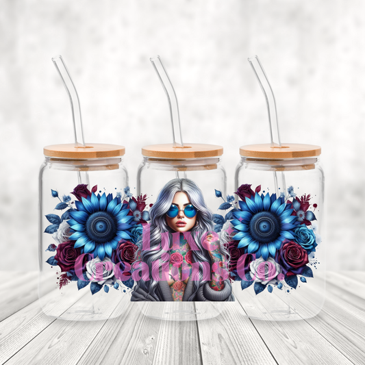 Blue Flowers & Sunglasses Girl UV DTF Wrap  (#153)