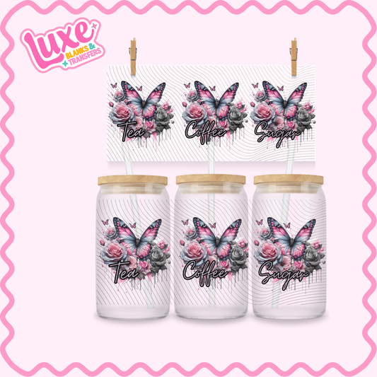 16oz UV DTF Wrap | Tea/Coffee/Sugar Pink Grey Flowers | #2906