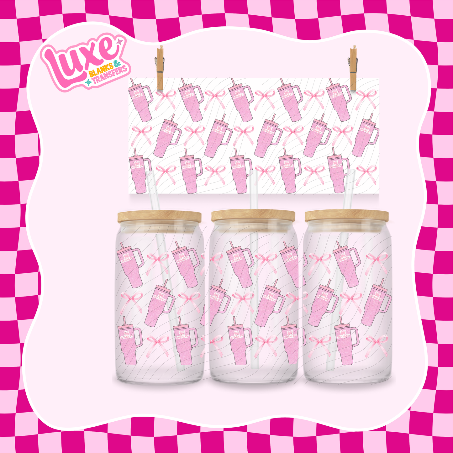 Stanley Pattern Bows Pink | 16oz UV DTF Wrap | #1319