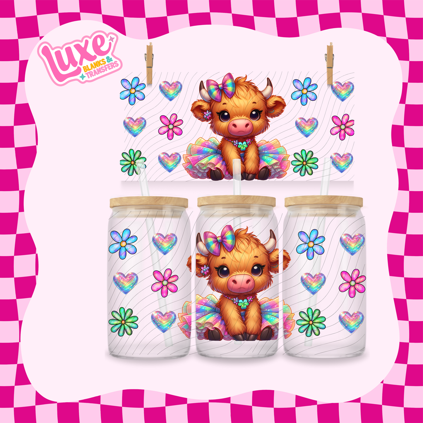 Cute Highland Hearts | 16oz UV DTF Wrap | #1636