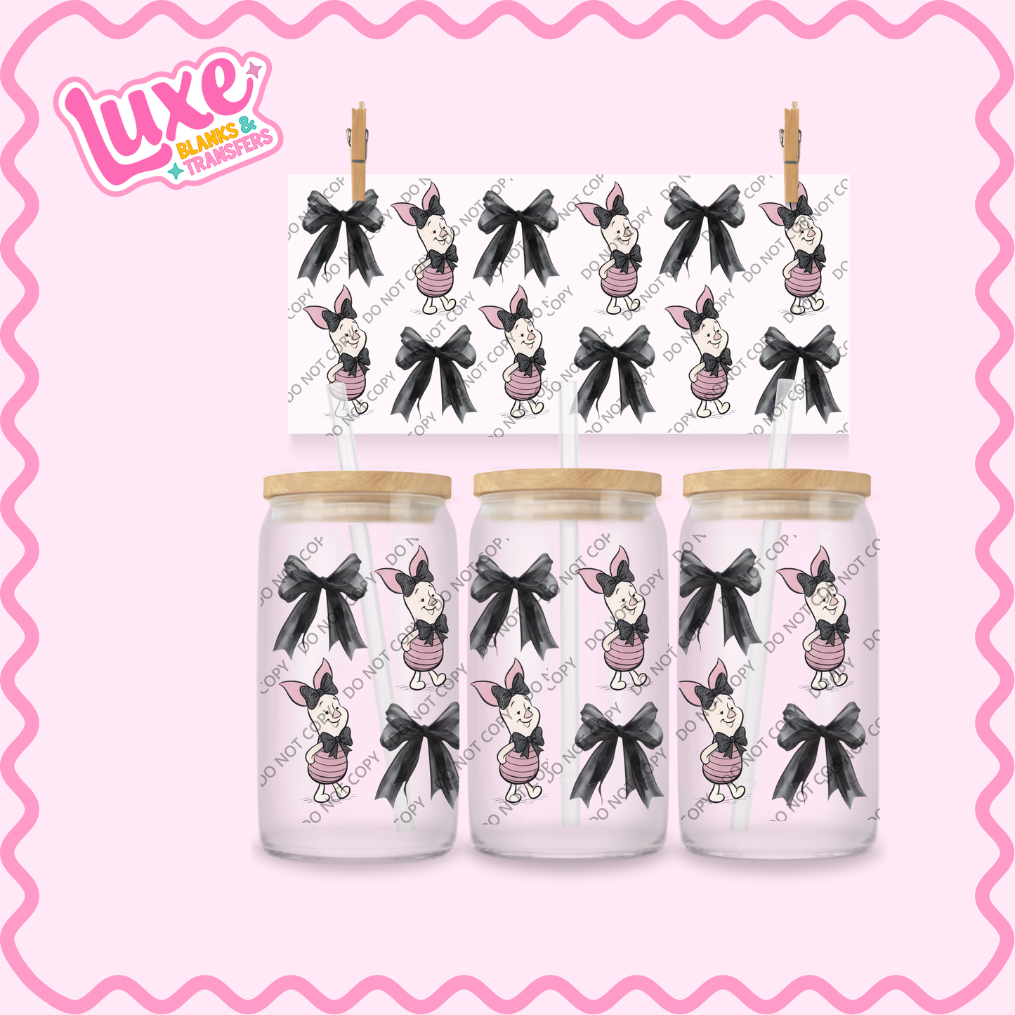 16oz UV DTF Wrap | Pig Character Black Bows | #2308