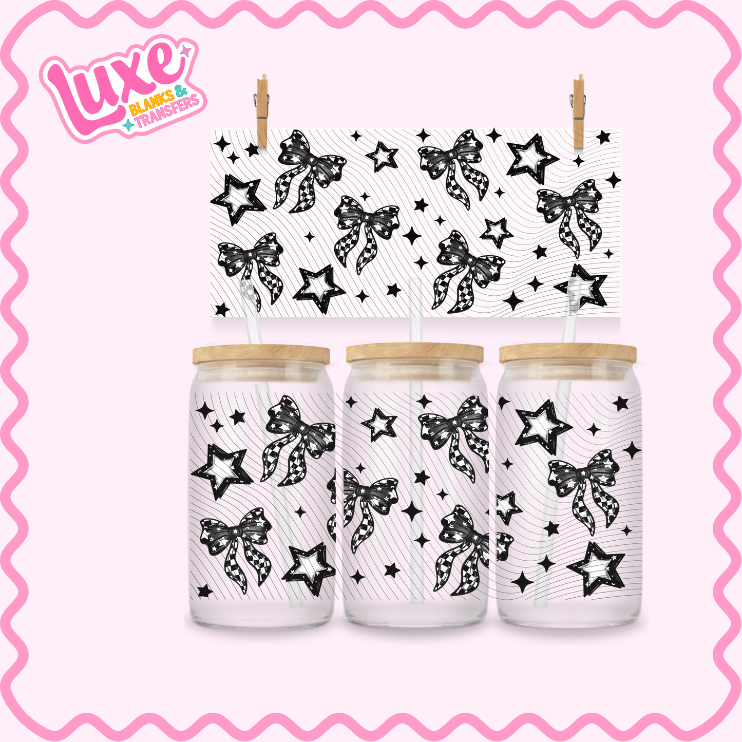 16oz UV DTF Wrap | Checkered Bows & Stars | #2664