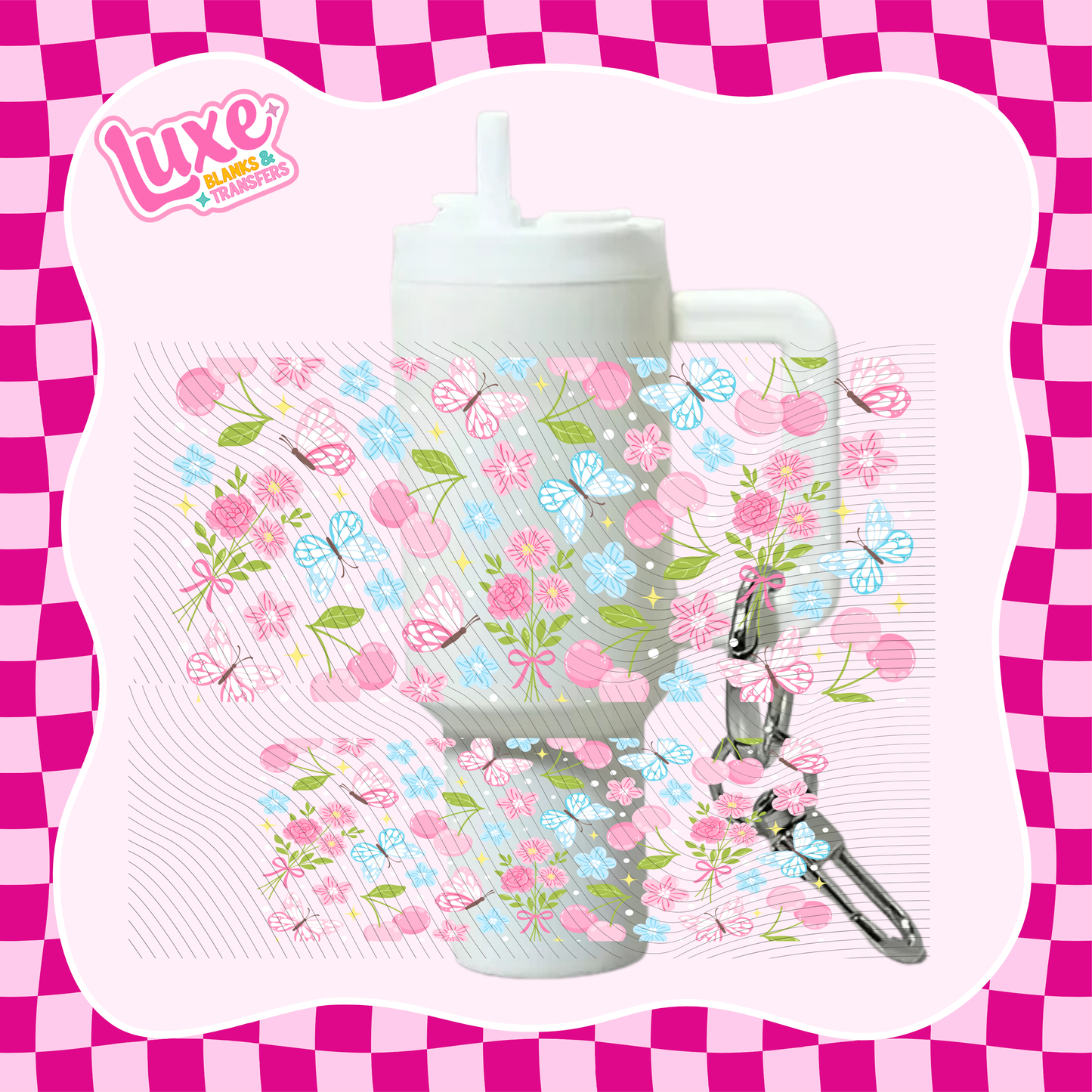 Mini Keychain Tumbler UV DTF Wrap | Butterflies Cherries Pattern | #E28