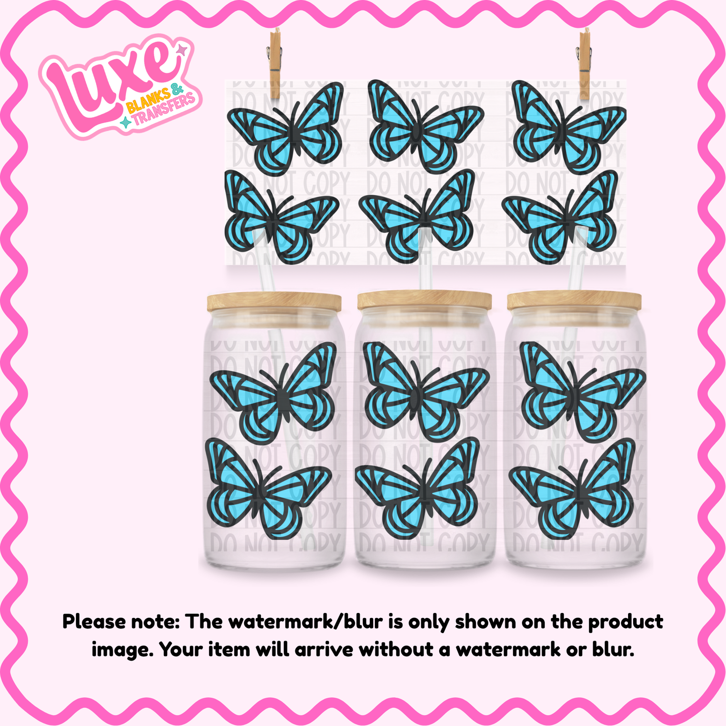 16oz UV DTF Wrap | Blue Butterfly Pattern | #4190