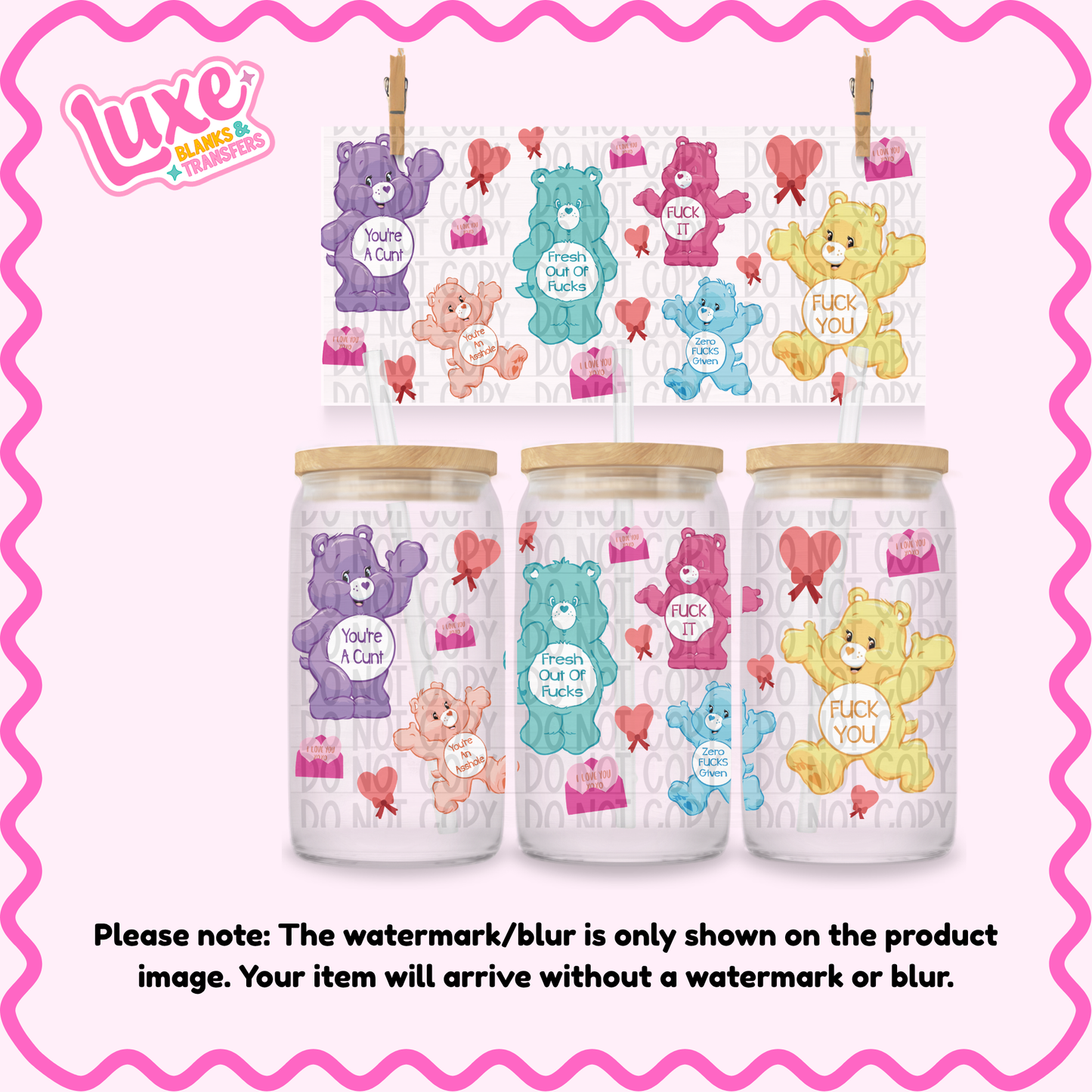 16oz UV DTF Wrap | Swear Bear Hearts | #N252