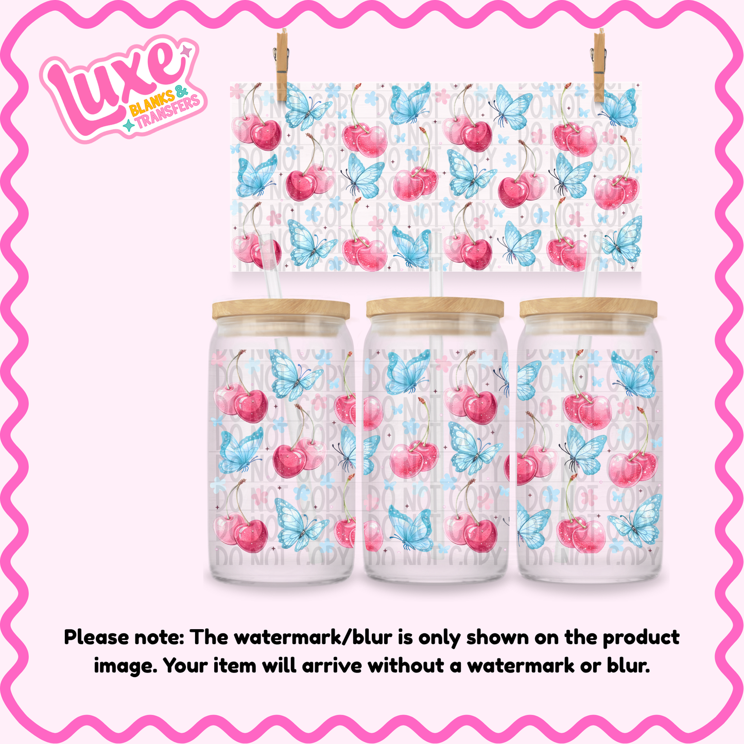 16oz UV DTF Wrap | Cherry Blue Butterfly Pattern | #3880