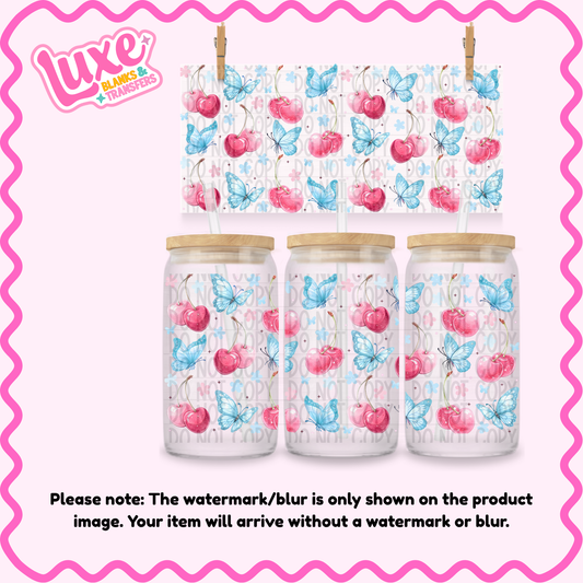 16oz UV DTF Wrap | Cherry Blue Butterfly Pattern | #3880