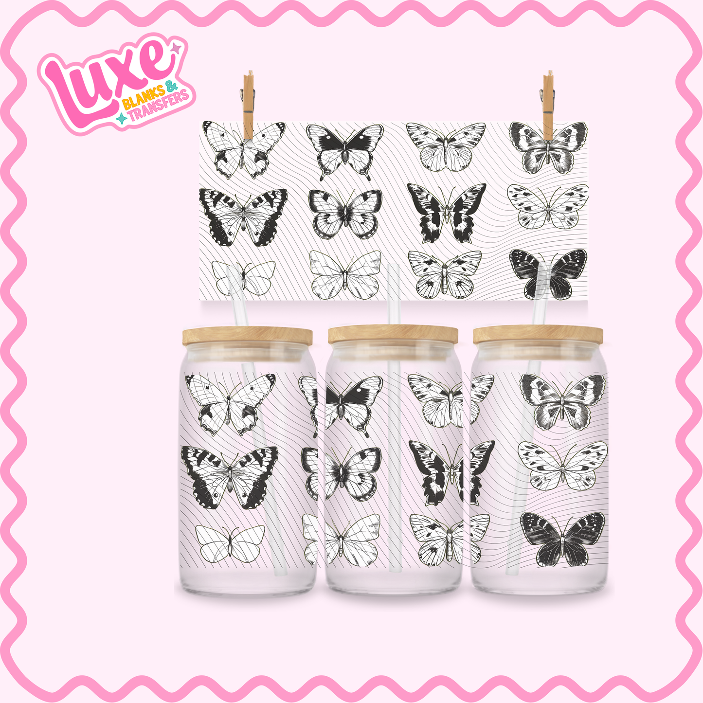 16oz UV DTF Wrap | Black & White Butterflies | #2804