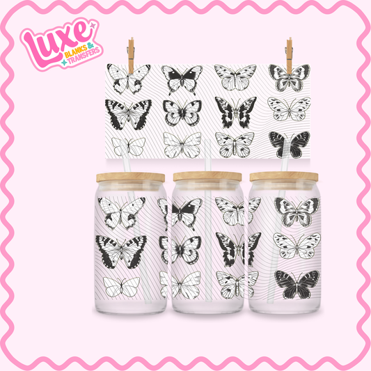 16oz UV DTF Wrap | Black & White Butterflies | #2804