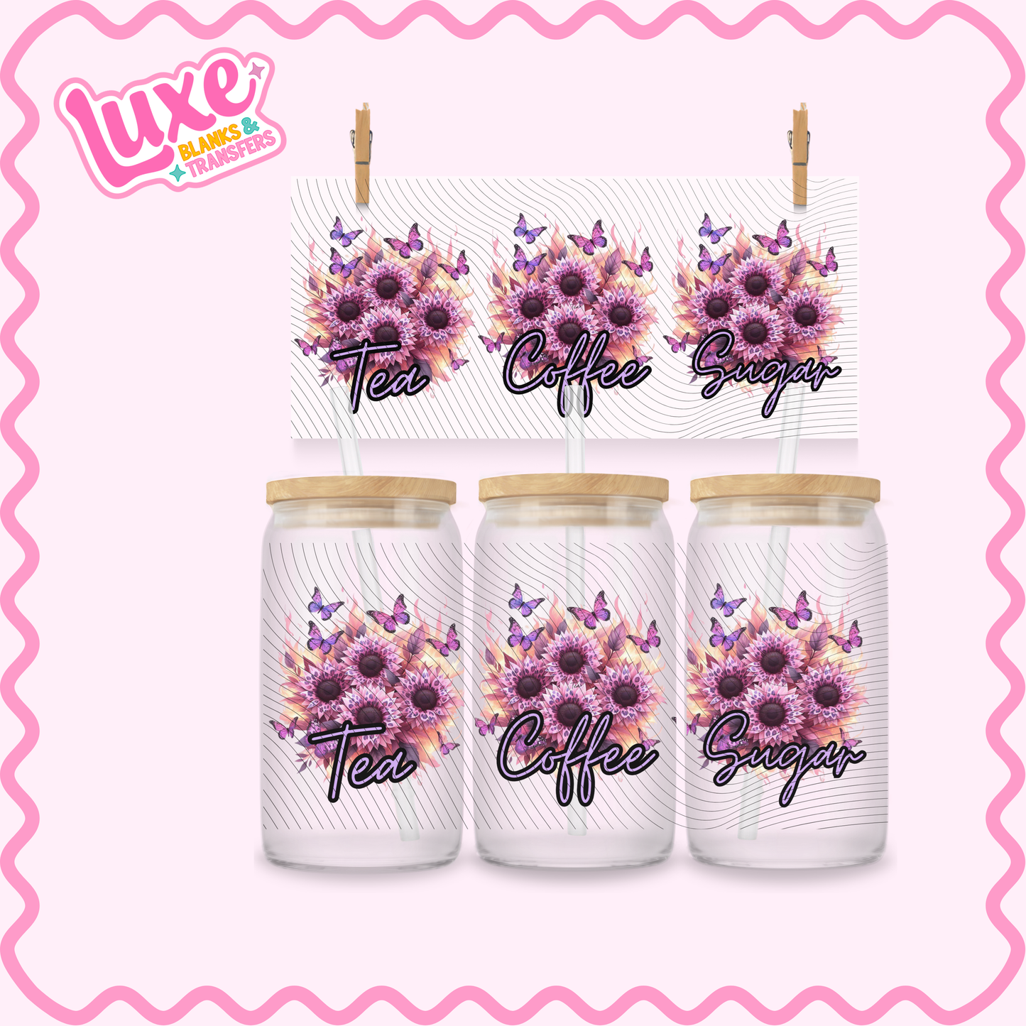 16oz UV DTF Wrap | Tea/Coffee/Sugar Butterflies | #2891
