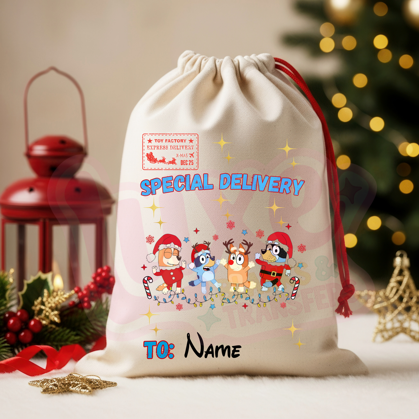 Blue Dog Xmas | Santa Sack DTF Heat Transfer | #65