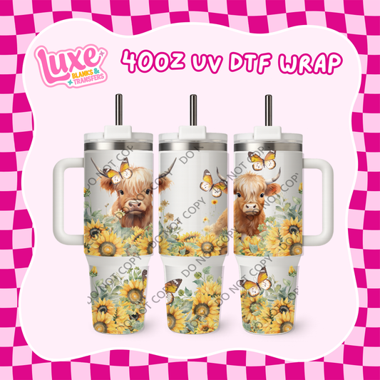 40oz UV DTF Wrap | Highland Cow Sunflowers | #B83