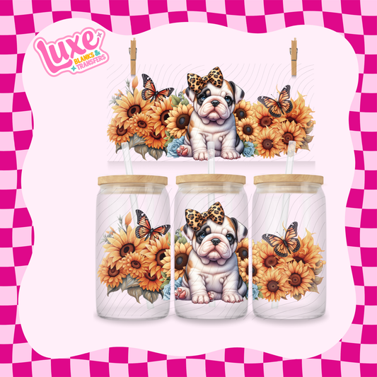 Bulldog Puppy Sunflowers  | 16oz UV DTF Wrap | #1624