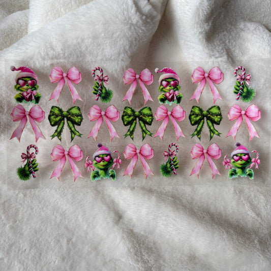 16oz UV DTF Wrap Double Sided | "Gr!nch Pink Bows" C303 | READY TO SHIP